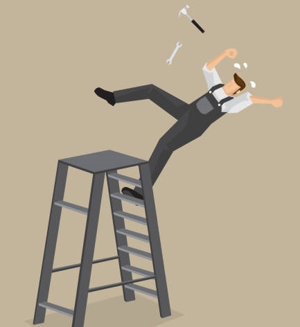 Blue-collar worker loses balance and falls backward from ladder with tools flying off. Vector cartoon illustration on work accident concept isolated on plain background.